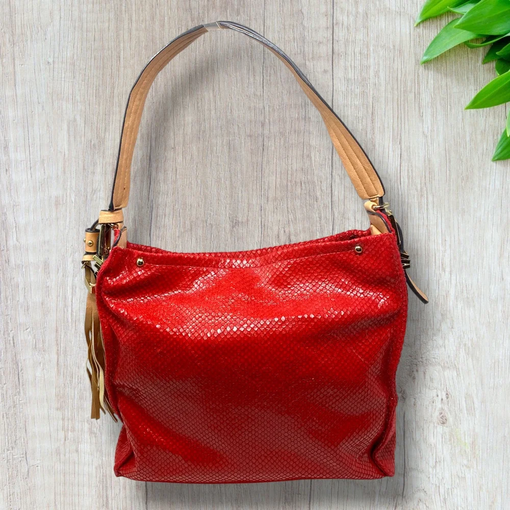Sondra Roberts Squared Red Snakeskin Print Slouchy Shoulder Bag Tassel Hobo
